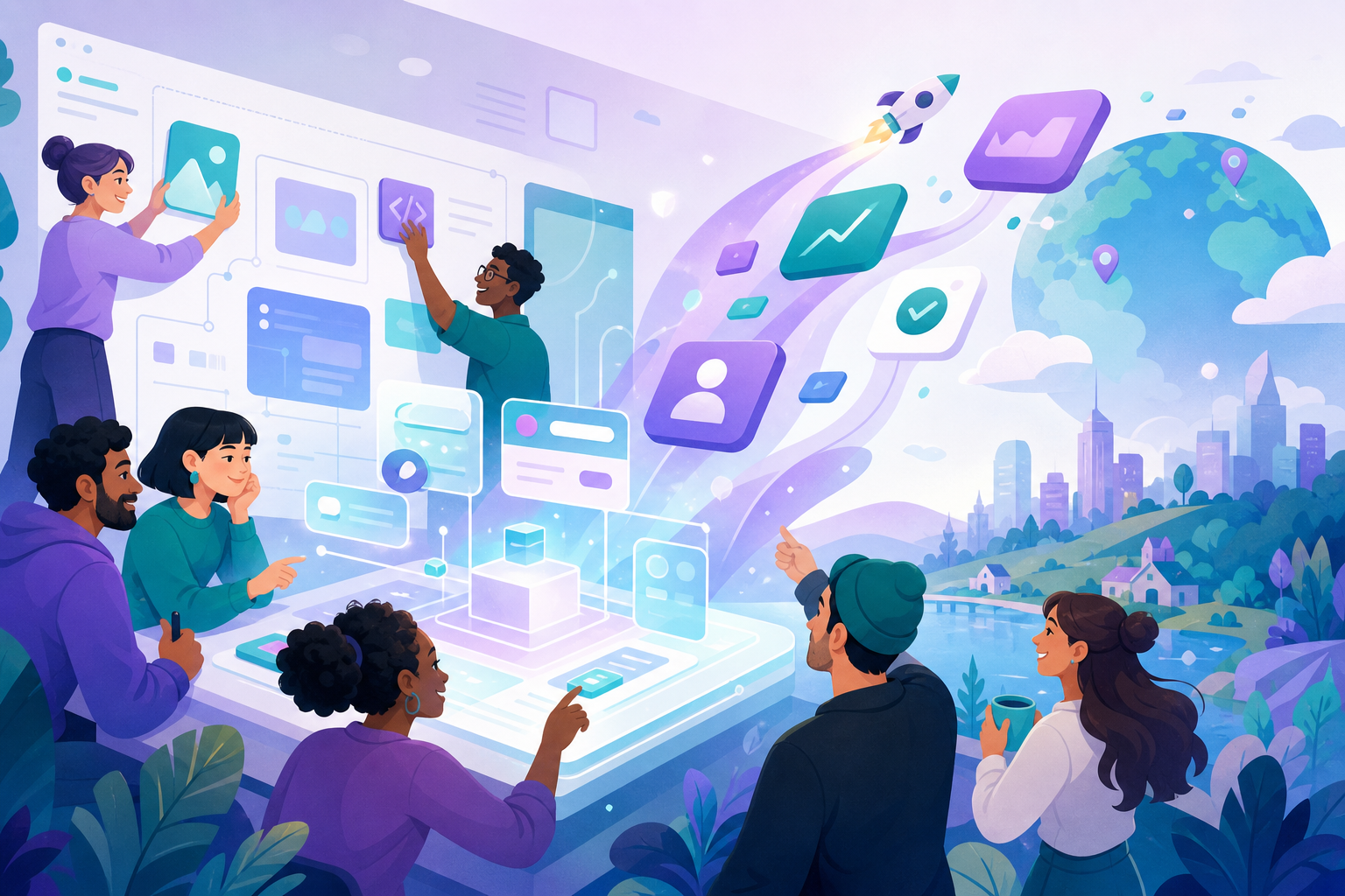 Cartoon illustration of teams shipping software with NodeDa