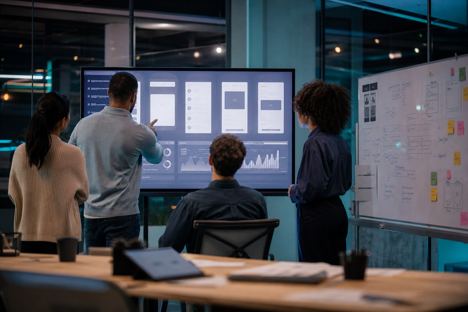 Product team collaborating on software design and metrics